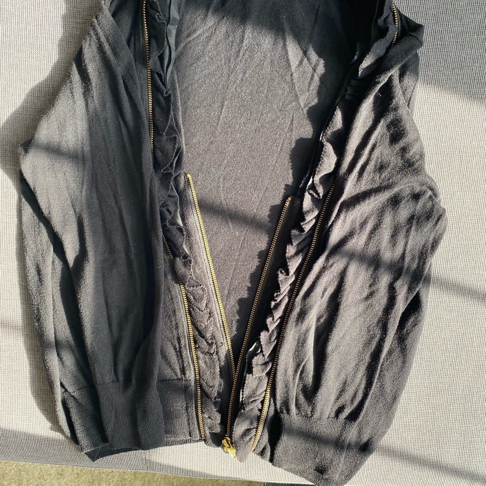 Chic JCrew Black Ruffled Cardigan with Gold Zipper